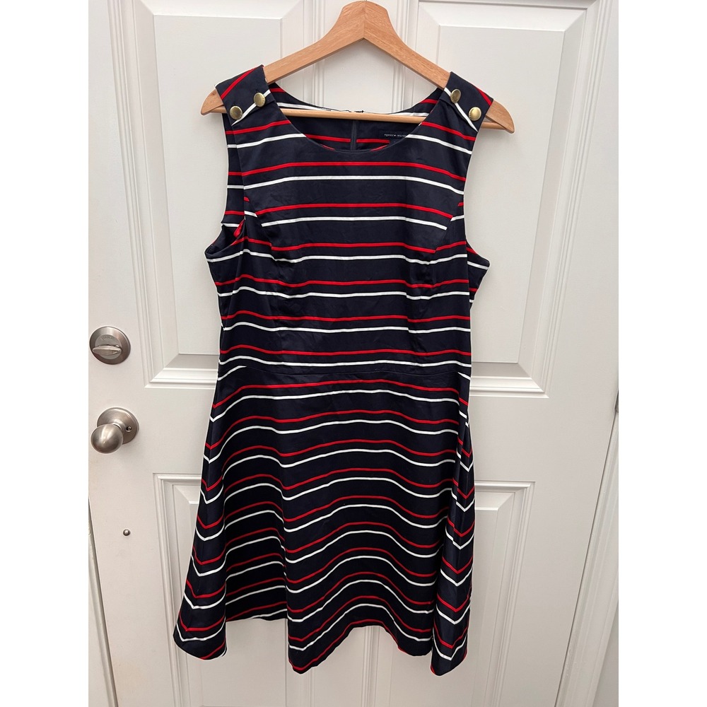 Tommy Hilfiger Navy Red White Striped Sleeveless Fit Flare Dress Gold Buttons 12